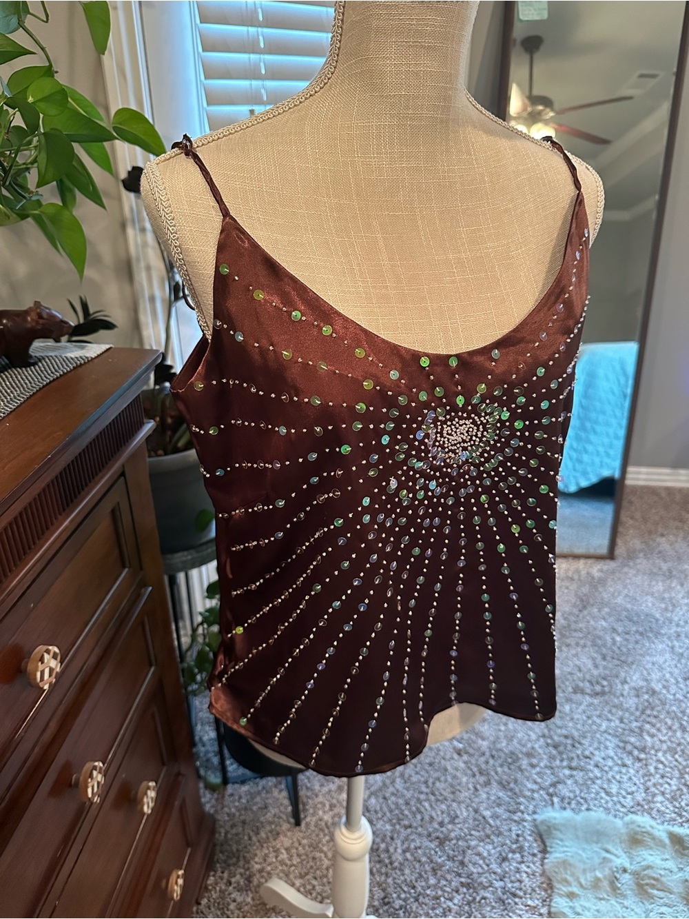 Embellished Brown Satin Cami Top with Spire Crystal Detail